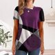 thumbnail image 3 of Camisa casual de mujer con cuello redondo y bloques de color de manga corta estampada para mujer para uso diario Púrpura L, 3 of 6