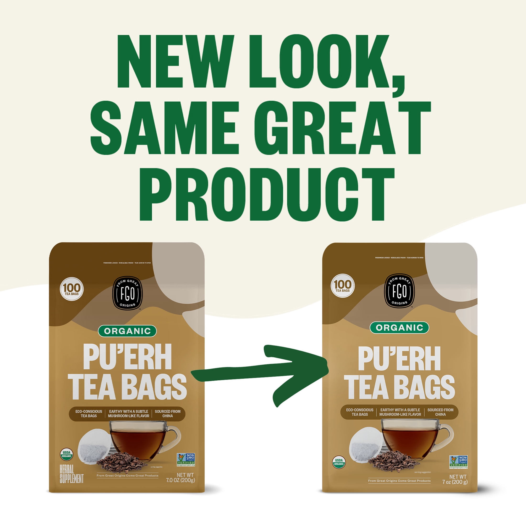 FGO Pu'erh Tea, Organic, Eco-Conscious Tea Bags (100 Count)