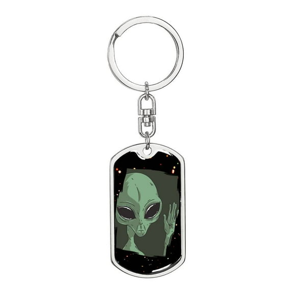 Sad Alien Waving Dog Tag Keychain Stainless Steel or 18k Gold Keyring