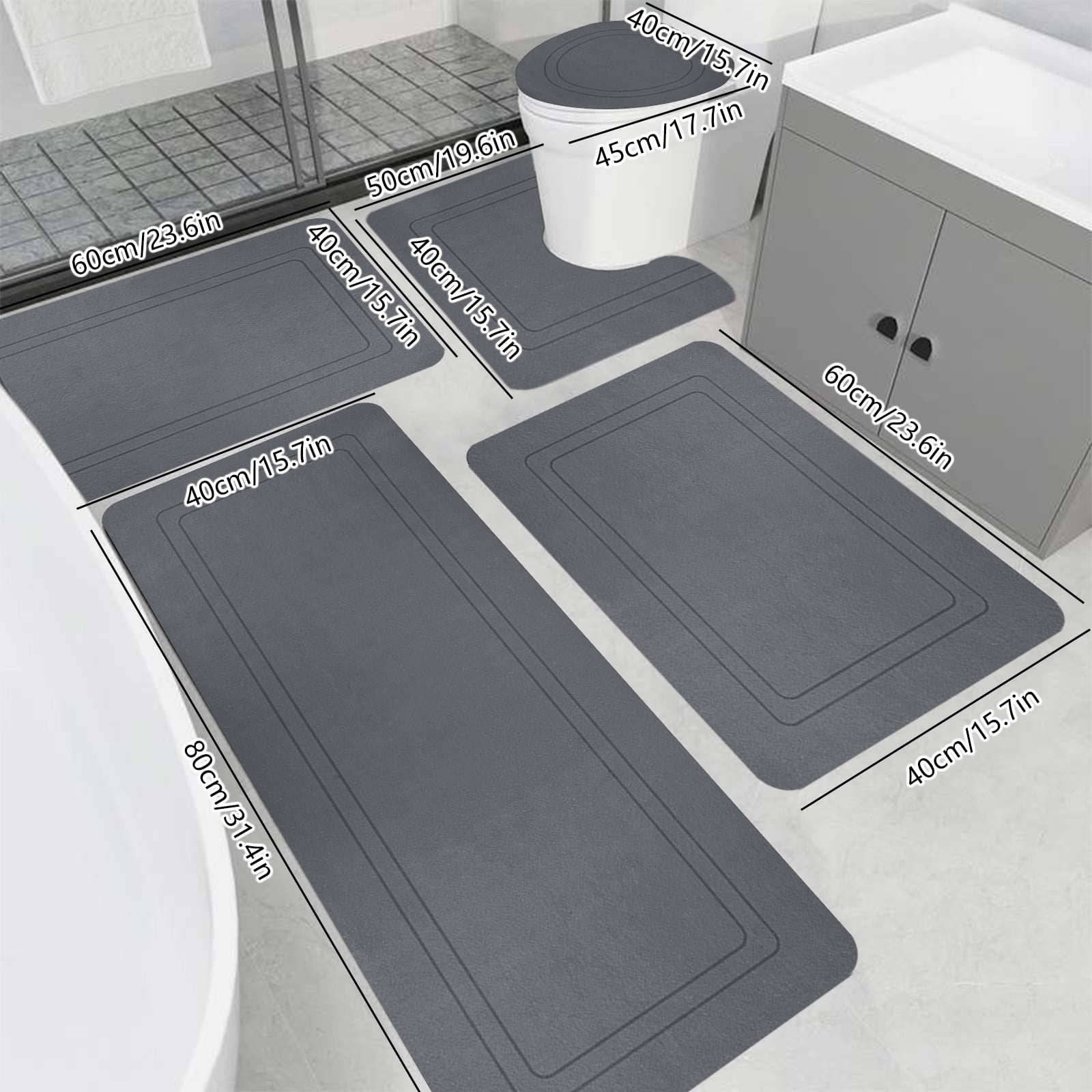 Twfbrm 5 Piece Bathroom Rugs Set, Modern Style Ultra Thin Bath Mat Fit Under Door, Non-Slip Rubber Backing Floor Mat, Super Absorbent Quick-Dry Washable Shower Mat for Toilet Bathtub and Kitchen