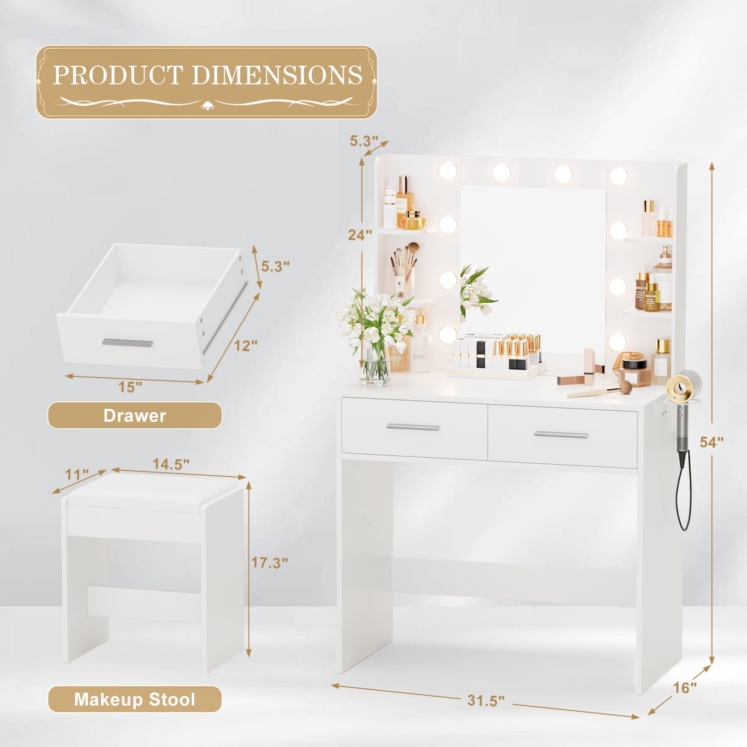 Vineego Makeup Vanity Desk with Lighted Mirror & Power Outlet, Makeup Vanity with stool,White