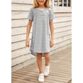 thumbnail image 2 of Asyoly Girls Casual Crewneck Swing Short Sleeve Dress Stripe Print Color Block Sundress Mini Dresses Solid color, 2 of 6