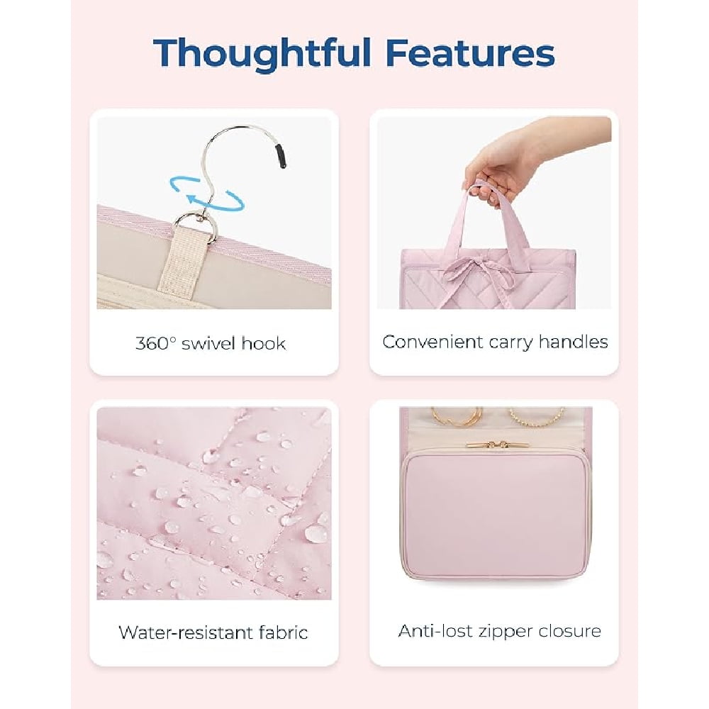 Travel Jewelry Case, Hanging Roll Jewelry Bag with Zipper Pockets for Travel, Large Capacity Jewelry Travel Case for Rings, Necklaces, Earrings, Bracelets, Portable Travel Essentials, Pink