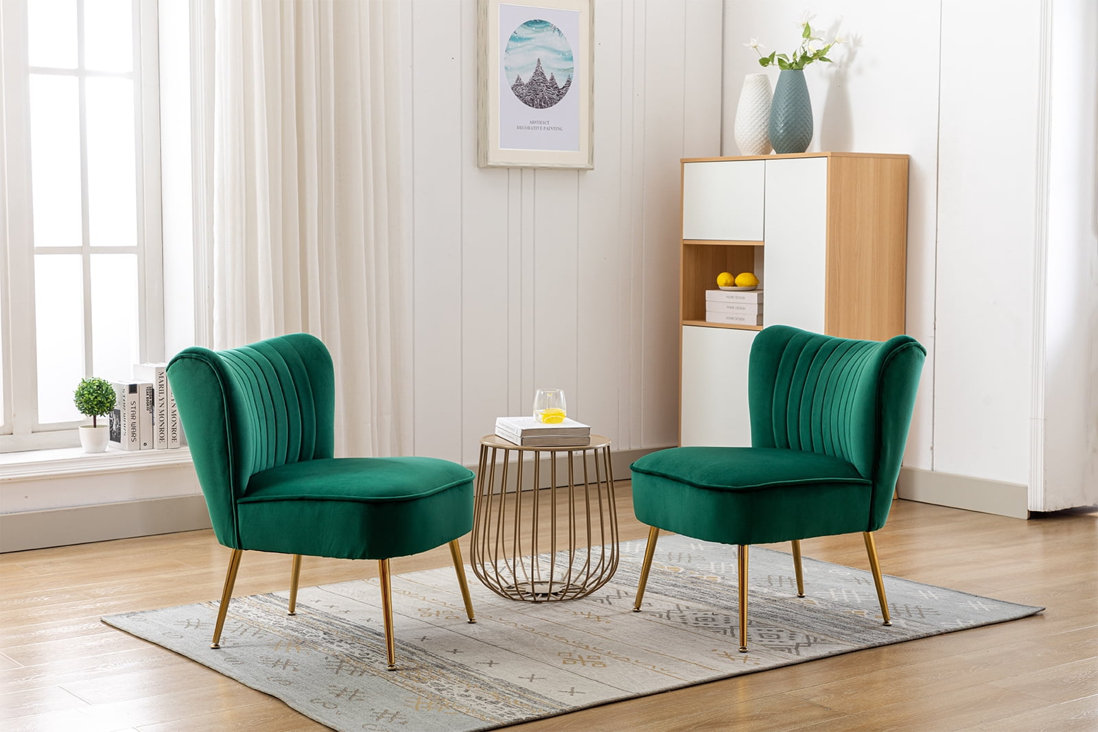 Guyou Modern Accent Chair Set of 2, Armless Slipper Chair Velvet Upholstered Lounge Chair, Wingback Large Single Sofa Side Chair with Gold Legs for Living Room Bedroom, Green