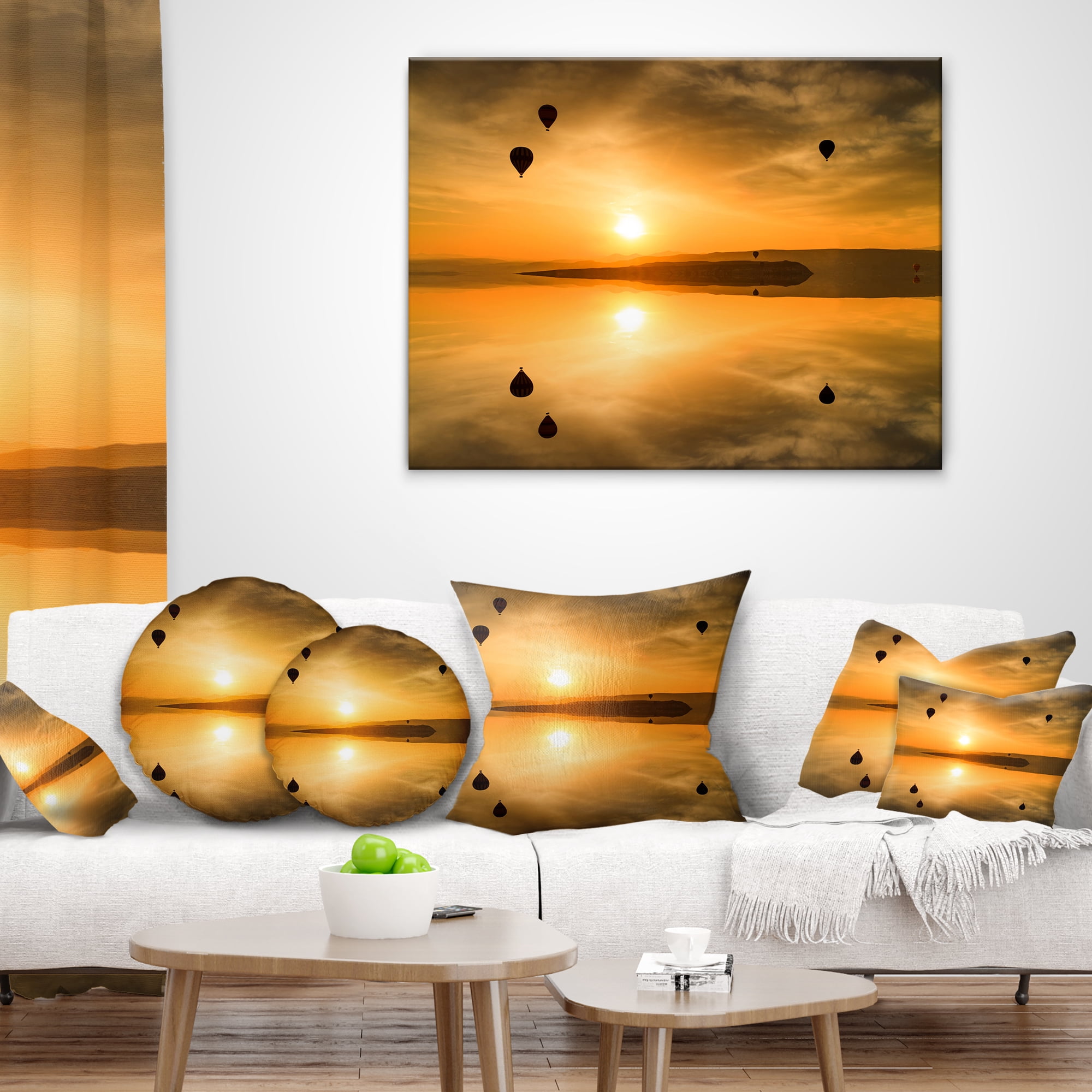 Designart Flying Balloons and Reflection - Seashore Throw Pillow - 16x16