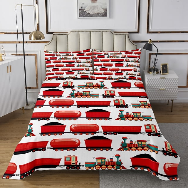 Erosebridal Red Truck Coverlet Set Twin, Railway Train Bedding Set, Transportation Decor 2pcs