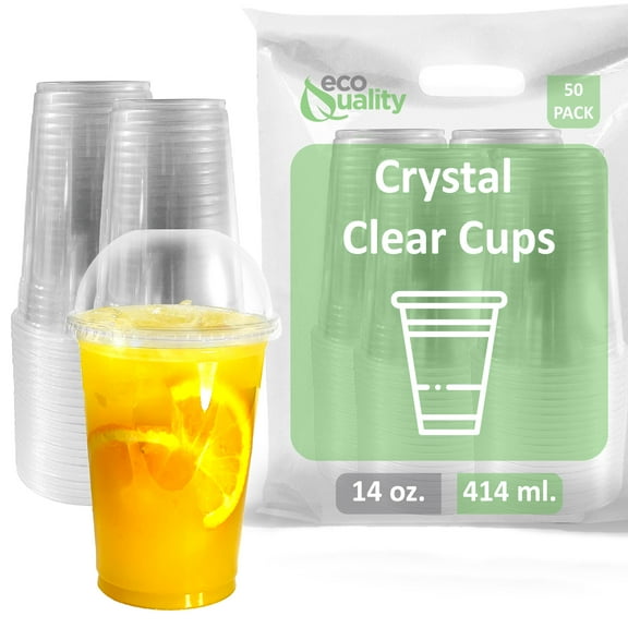 [50 Pack] 14oz Cups | Iced Coffee Go Cups and Dome Lids | Cold Smoothie | Plastic Cups with Dome Lids | Clear Plastic Disposable Pet Cup | Ideal for Coffee, Parfait, Juice, Soda, Cocktail, Party Cups