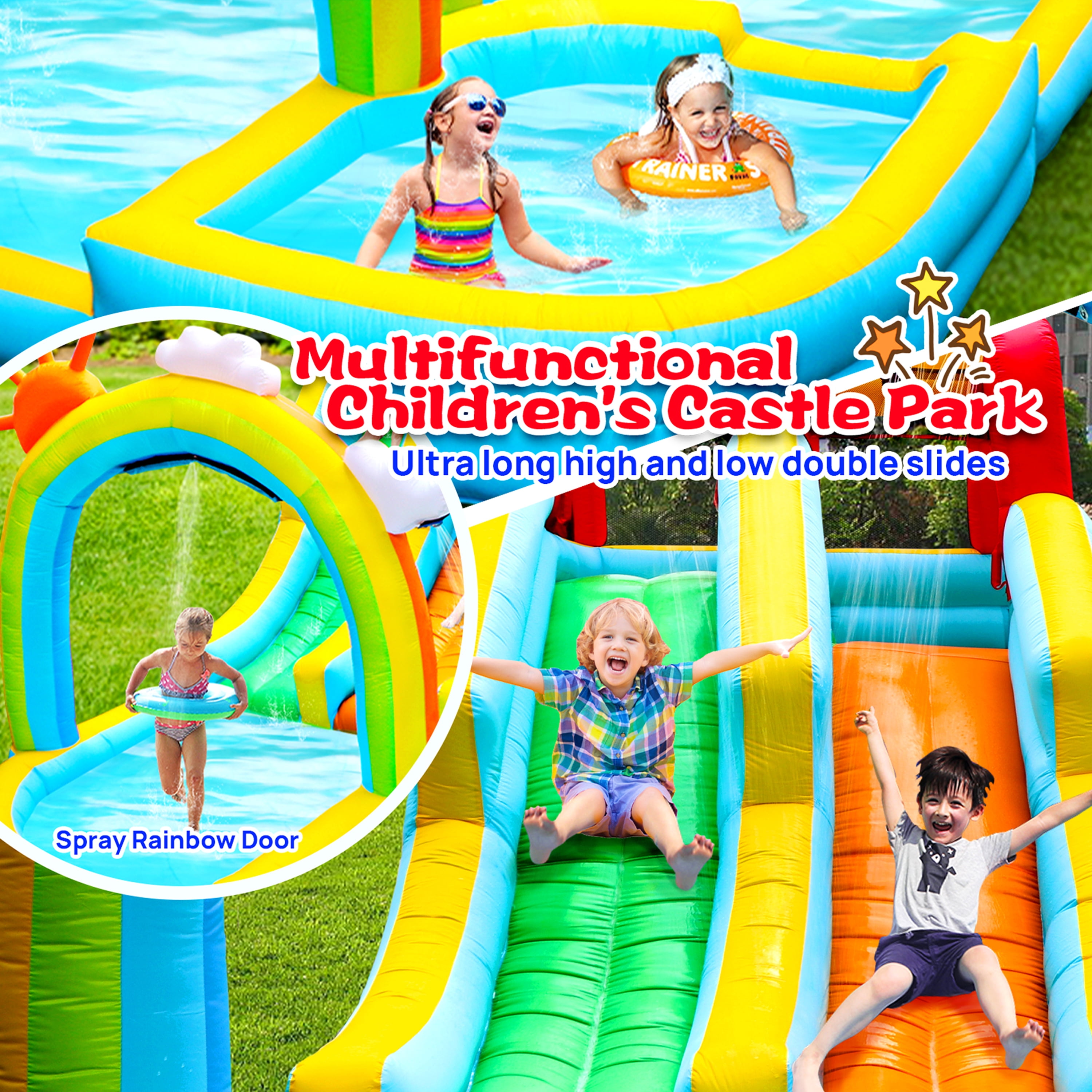 WELLFUNTIME Inflatable Water Slide for Kids, Bounce House with Blower, Water Park with Double Slides, Splash Pool