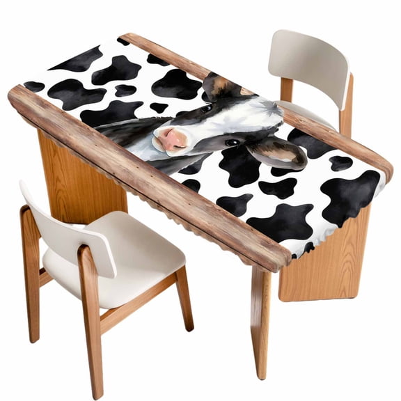 Cow Printed Table Cloths for 4 Foot Rectangle Tables, Farmhouse Watercolor Country Wooden Grain Patio Waterproof Elastic Fitted Tablecloths, Washable Rectangular Table Cover for Camping