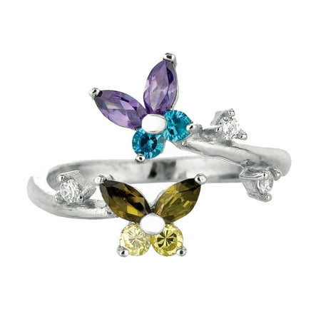 925 Sterling Silver Butterfly Multi-Color Cz Adjustable Toe Ring