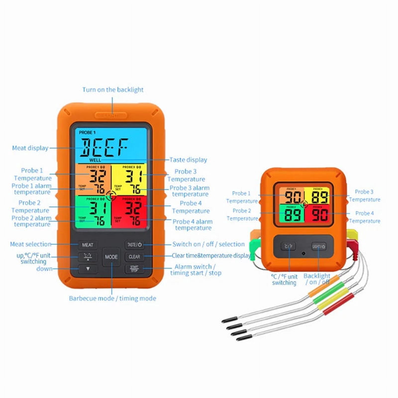 Digital Barbecue Meat Thermometer for Oven Thermomet with Timer 4 Probes Temperature Alarm Kitchen Thermometer(A)