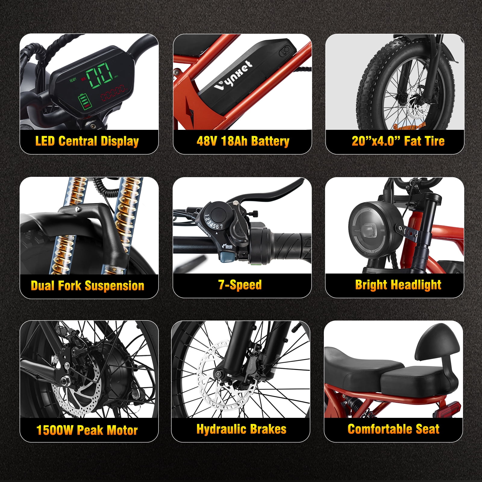 1500W Electric Bike, 20" Fat Tire E-Mountain Bikes, 48V 18Ah 32MPH Ebike for Adults Full Suspension UL2849, All-Terrain E-Bike, Orange