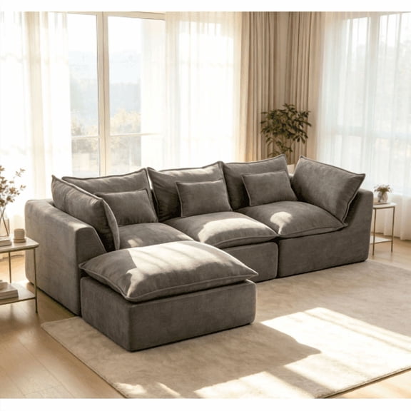 102'' Oversized Cloud Modular Sectional Sofa with Ottoman, Deep Seat Corduroy Couch for Living Room Apartment, Antique Grey