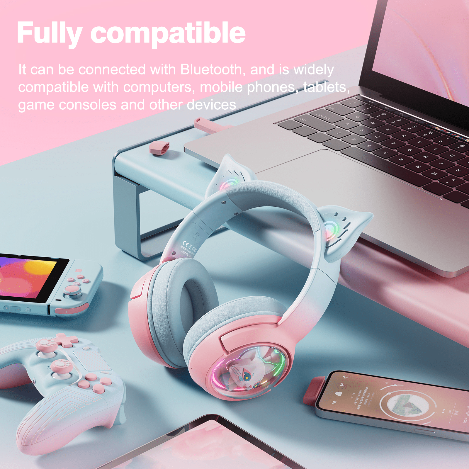 Cat Ear Wireless Bluetooth Headphones for PS5/PS4/PC/Mac/Switch,Over Ear Cute Gaming Headset with Noise Canceling Mic,Surround Sound