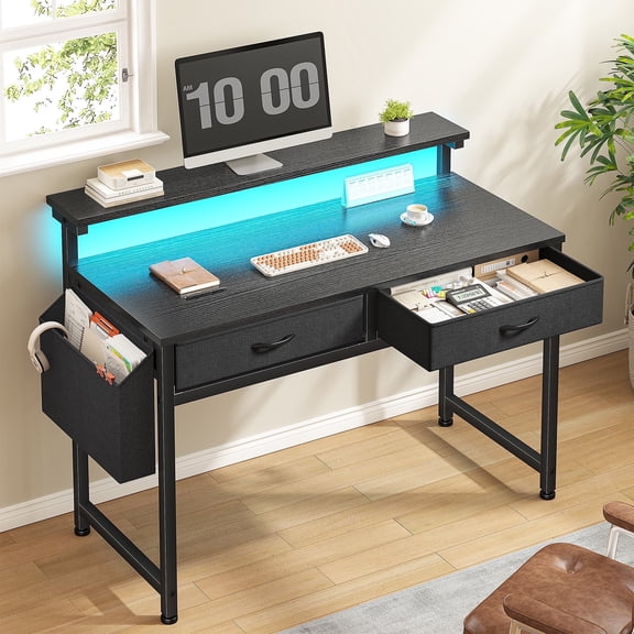 Romorgniz 37.8" H Computer Desk with LED Lights Small Desk with 2 Fabric Drawers & Side Pocket, Ergonomic Study Desk with Monitor Stand for Home Office, Gaming, Small Spaces, Black