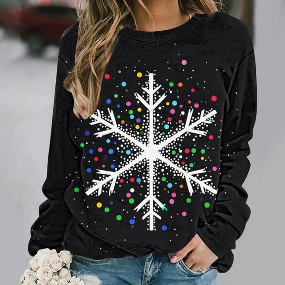 Xdegoge Christmas Sweatshirt for Women Long Sleeve Snowflake Printed Pullover Tops Crewneck Drop Shoulder Funny Shirts 2025 Winter Festiva Casual T-Shirts Family Party Fashion Blouse