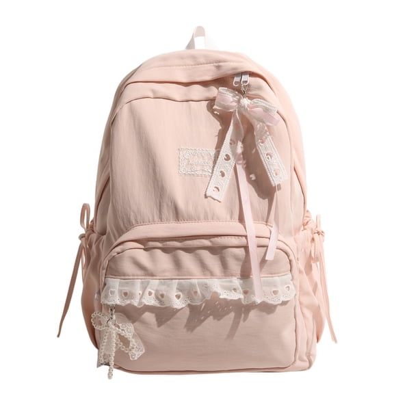 Aesthetic School Backpack with Lace Bow, Lace Trim School Backpack with Side Bowknot, Lightweight Computer Bag for Middle School College, Pink