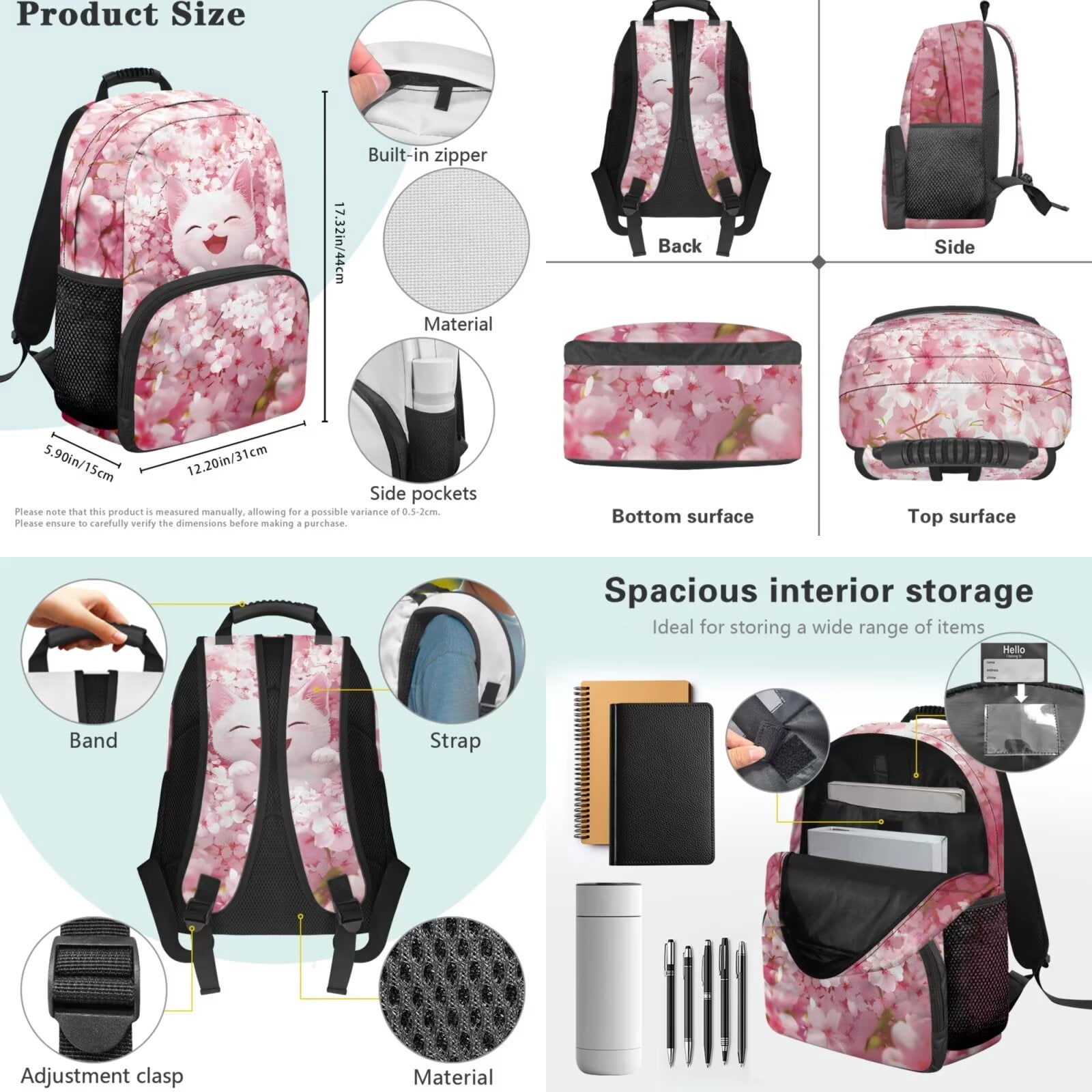 Pzuqiu Cherry Blossom Cat School Backpack Set of 4 Back Pack with Lunch Box Pencil Case Water Bottle Bag Backpacks for School Girls with Adjustable Shoulder Strap Student Bag
