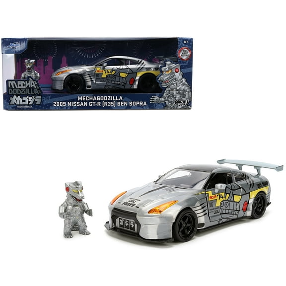 2009 Nissan GT-R (R35) Ben Sopra Brushed Metal with Black Top and Graphics and Mechagodzilla Diecast Figure "Godzilla" Franchise "Anime Hollywood Rides" Series 1/24 Diecast Model by Jada