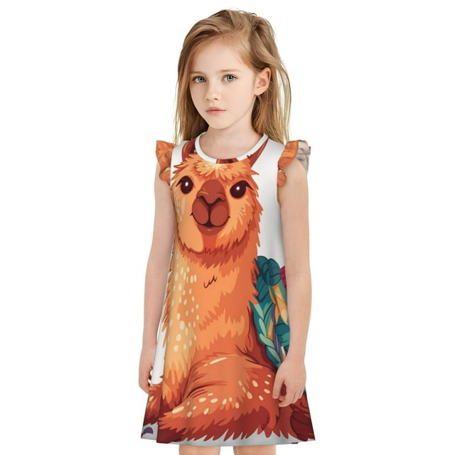 Vsdgher Lama en Tricot Douillet pour Filles Chemises de Nuit Tout-Petits Manches Courtes Volantées Nuisette Robe de Nuit Tenue de Sommeil Pyjamas pour Fête Pyjama-X-Grand