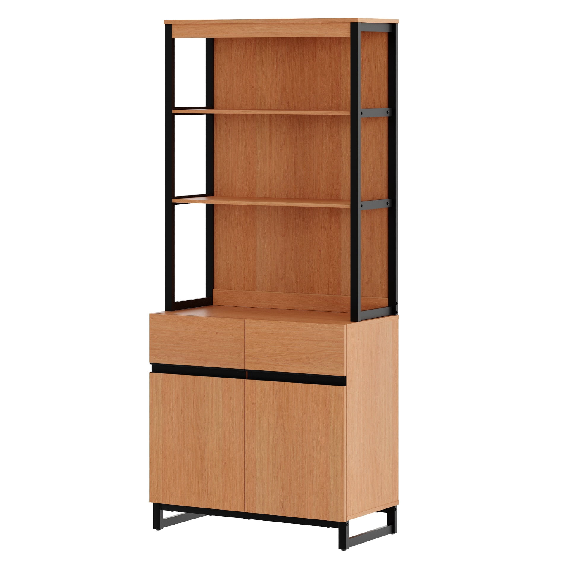 WAMPAT Modern 72" Tall Library Bookcase with Metal Base & Adjustable Shelves, Wood Bookcase with Storage Cabinet & Open Shelves for Home Office & Living Room, Mocha