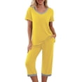 thumbnail image 3 of Plus Size Women's Two Piece Pajama Sets, Lightweight Breathable Relaxed Cut, V-Neck Short Sleeve Top Matches Capri Length Pants, Comfortable Pajama Party Lounge | TruHer,Yellow 4XL, 3 of 8