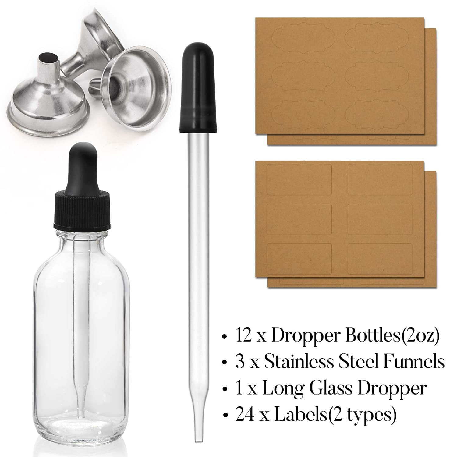 12 Pack, 2oz Glass Eye Dropper Bottles w/3 Stainless Steel Funnels&1 Long Pipette Dropper&24 Labels - 60ml Clear Tincture Bottles for Essential Oils, Liquids-Leakproof Travel Essential Bottles