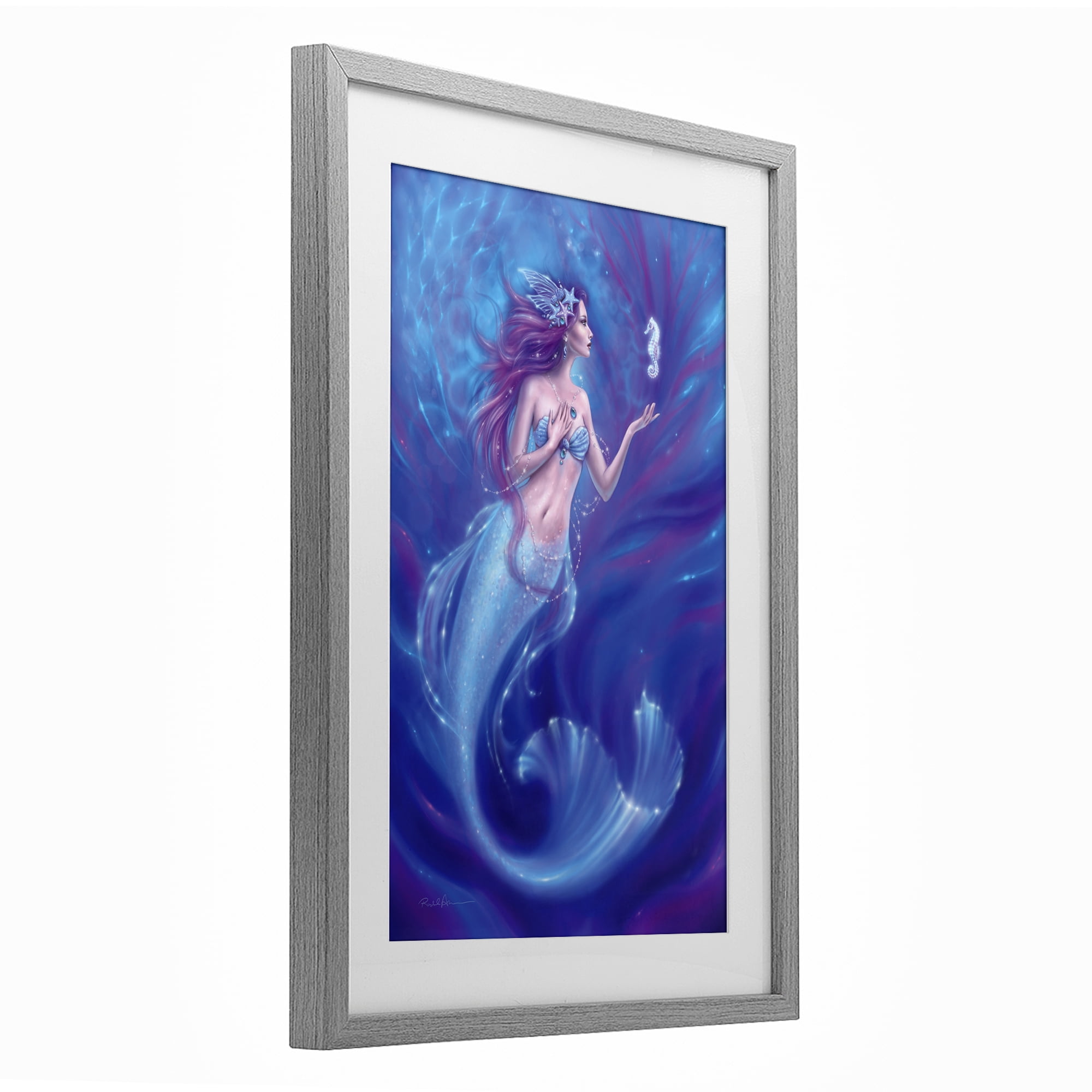 Jewel Bedecked Mermaid & Seahorse Gray Framed Print Under Glass, design by Rachel Anderson