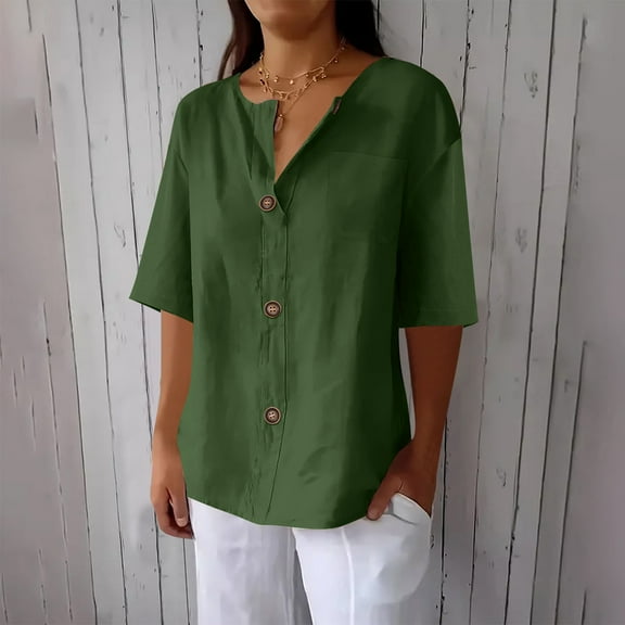 Shirts for Women Cotton Linen Button Pocket Short Sleeved Shirt Jacket T-shirt Army Green L