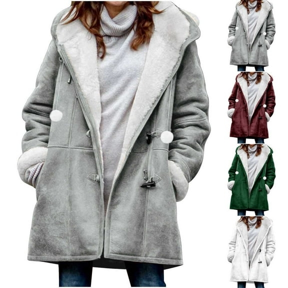 Hvyesh Plus Size Winter Coats for Women 2025 Warm Sherpa Fleece Lined Distressed Jackets Hooded Parka Faux Suede Pea Coat Outerwear