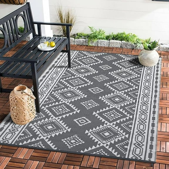 IDEALHOUSE Area Rugs 6x9ft, Gray-White, Reversible Plastic Outdoor, Modern Patio Mat for Deck, Balcony, Camping