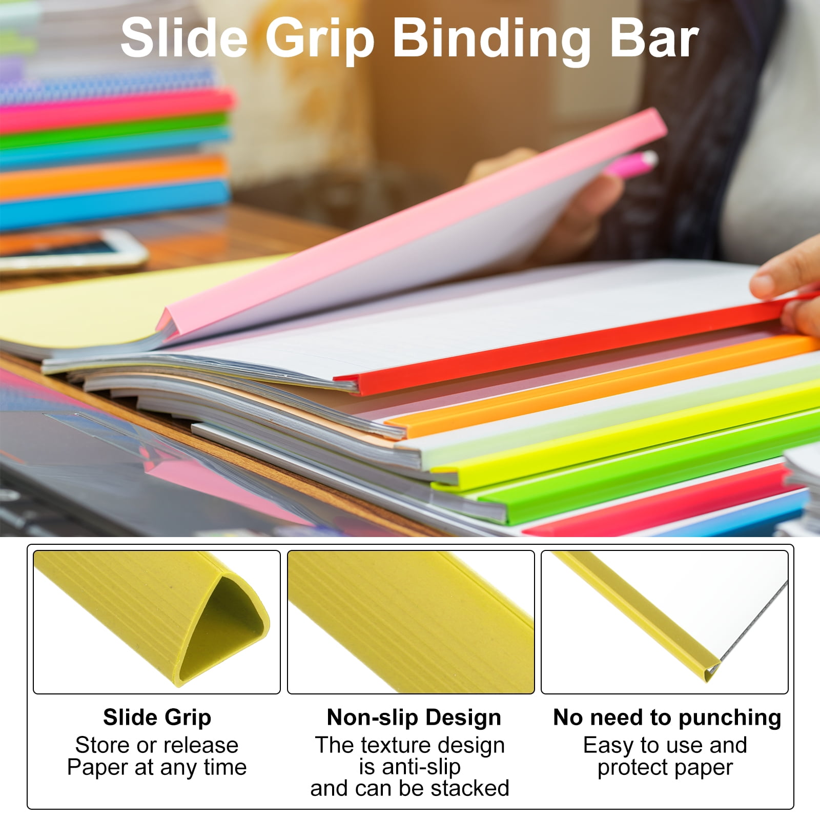 Uxcell 100Pcs Binding Bars, 10mm Binding Bars Slide Grip 70 Sheets Capacity A4 Size Report Binder, Yellow