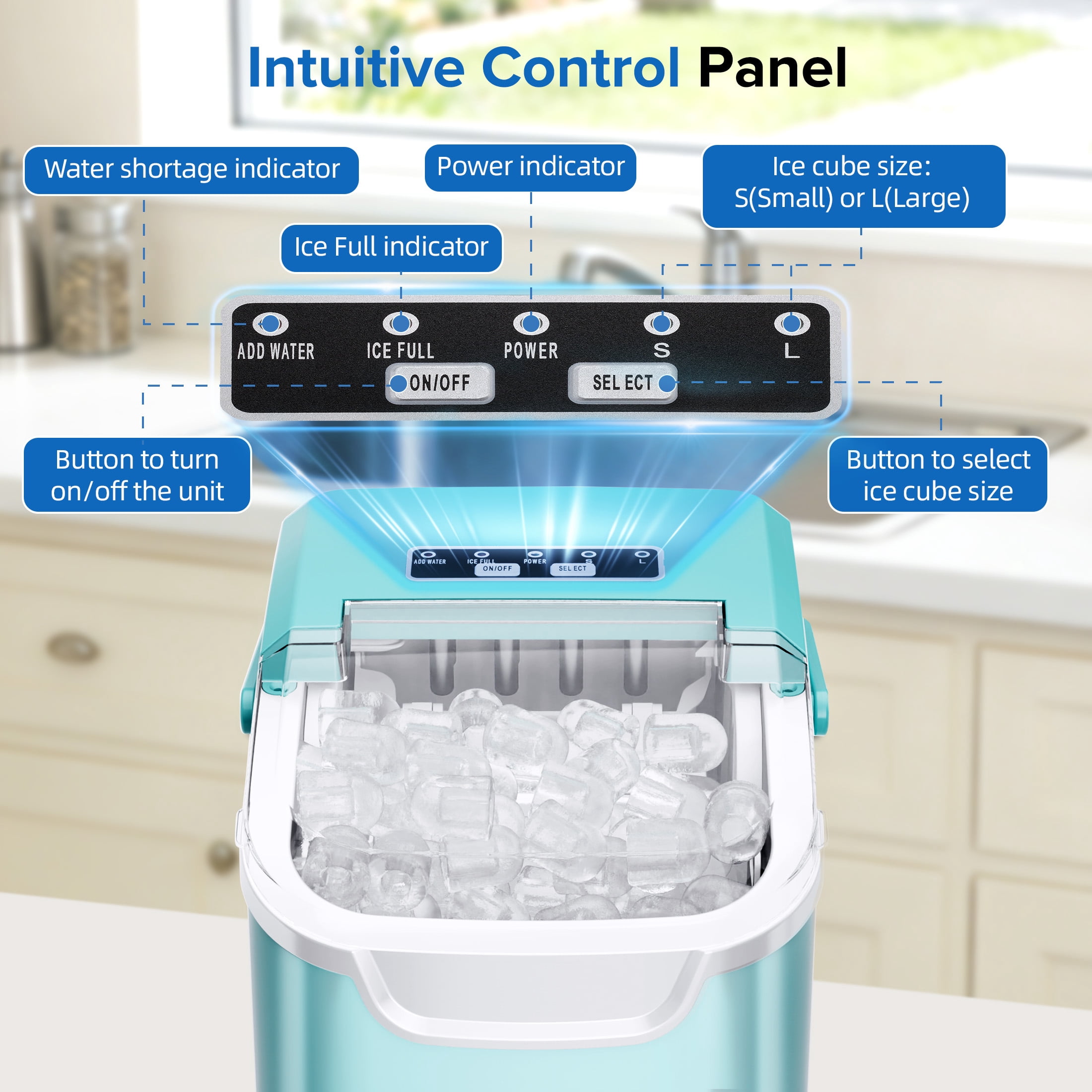Auseo Countertop Ice Maker, 2 Sizes of Bullet Ice, 26Lbs/24H, 8 Ice Cubes in 6 Mins, Portable Ice Machine with Self-Cleaning for Home/Party/Travel/Camping (Light Green)