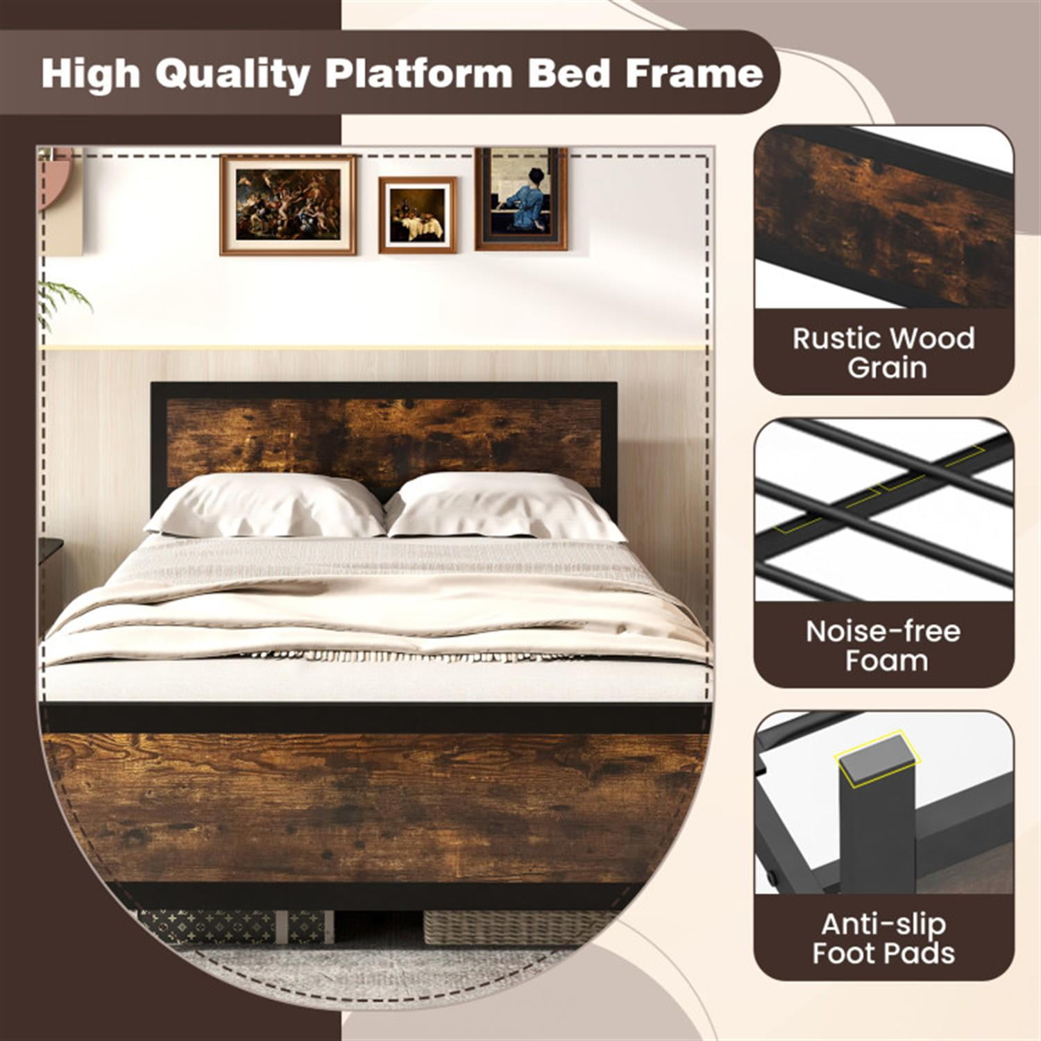 Demi Bonn Full Size Bed Frame with Headboard and Footboard, Modern Metal Platform Bed Frame with Under Bed Storage, No Box Spring Needed, Brown