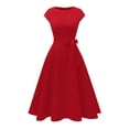 thumbnail image 5 of Elegant Dress Women Short Sleeve Crew Neck Solid Tie Waist Midi Length Party Dress Red S, 5 of 6