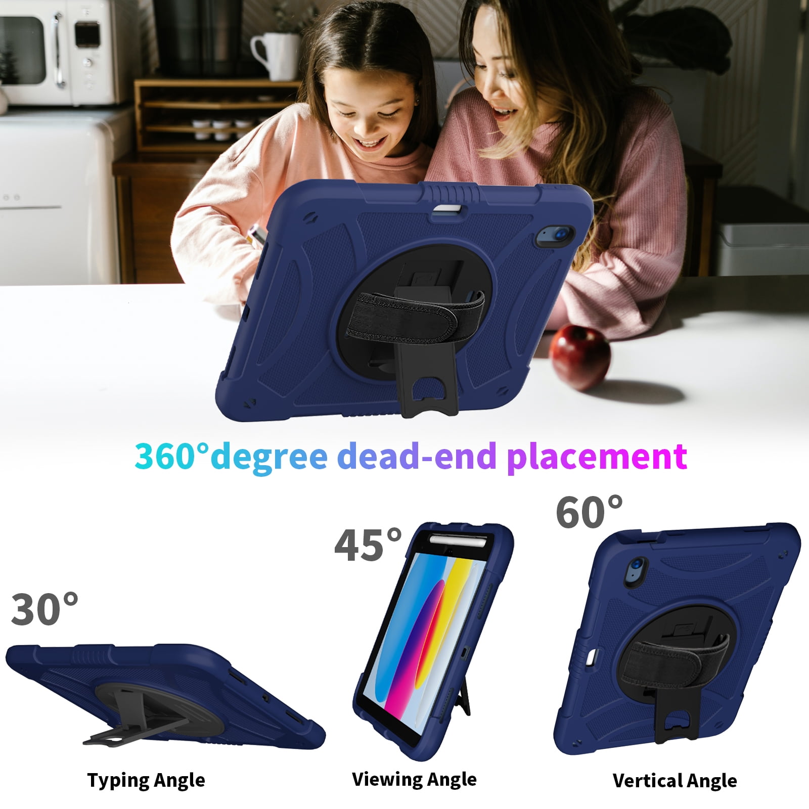 kids Case for iPad (A16) 11th Generation 11 Inch (2025), iPad 10th Generation 10.9 Inch (2022) Case, Military Grade Drop Protection with Hand/Shoulder Strap Rotating Stand Pencil Holder, Darkblue