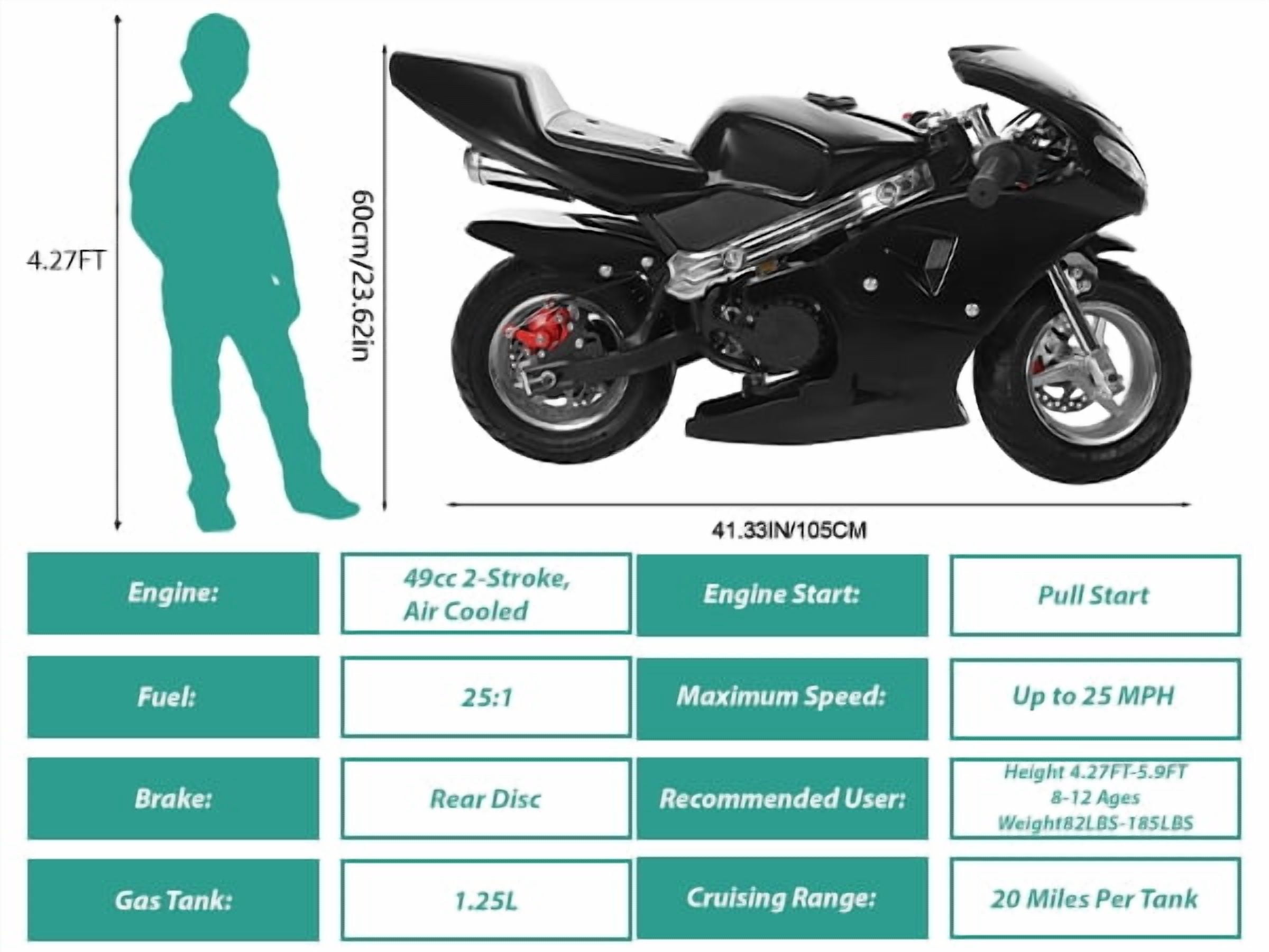 Korogimeeet Youth Black Pocket Bike 49cc 2-Stroke, Gas Powered Mini Motorcycle with Dual Headlights, Disc Brakes, Pull Start, 170 lb Weight Capacity, 20 Miles Per Tank, 40 x 21 x 23 Inch