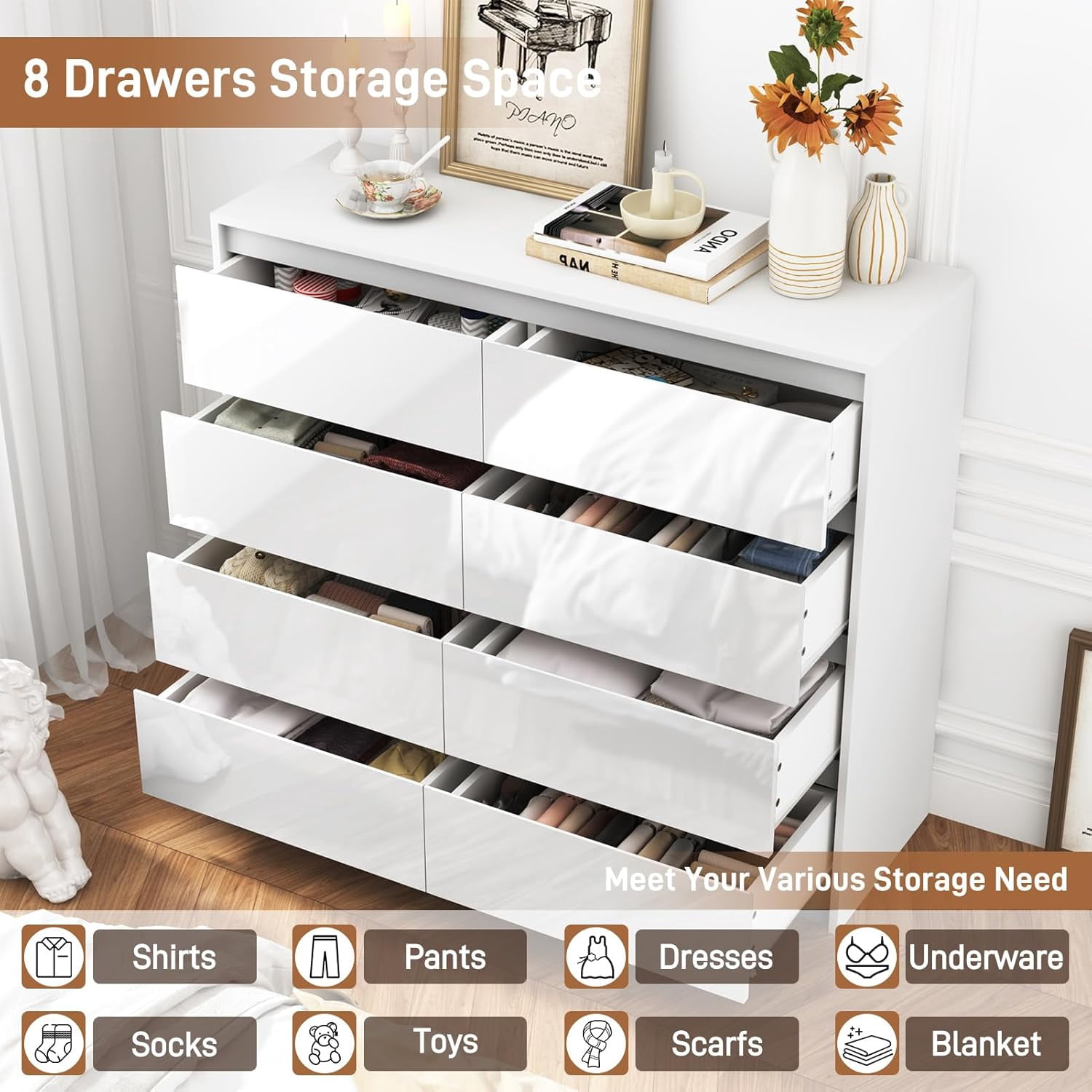 ChVans 8 Drawer Double Dresser for Bedroom, 47" Wide 41" Tall Modern High Gloss White Dresser with Wood Chest of 8 Drawer Handle Free for Bedroom, Living Room, Entryway, Hallway
