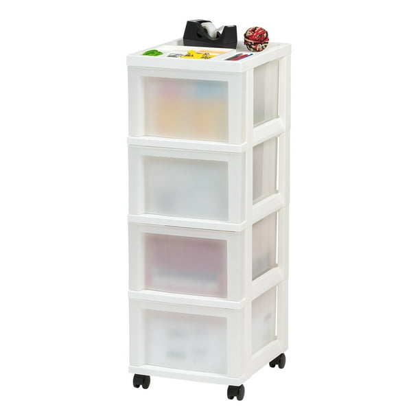 IRIS USA 4 Drawer Medium Storage Cart with Organizer Top & Wheels, White/Pearl