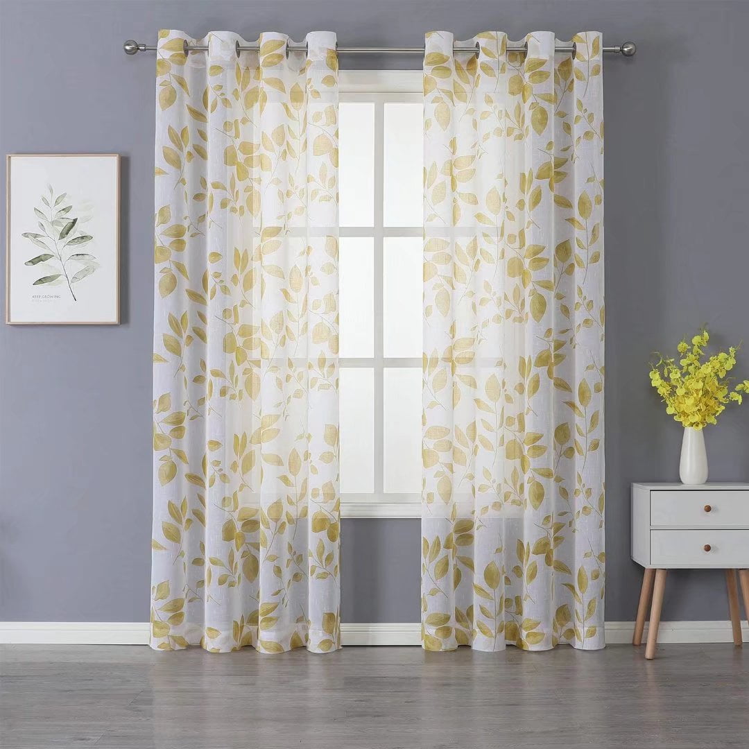 Haperlare 52'W x 84'L Sheer Curtains for Living Room Light Filtering Floral Sheer Curtain for Bedroom, Yellow, 2 Panels