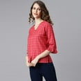 thumbnail image 5 of Janasya Indian V-Neck 3/4 Sleeve Checkered Red Cotton Top For Women, 5 of 8