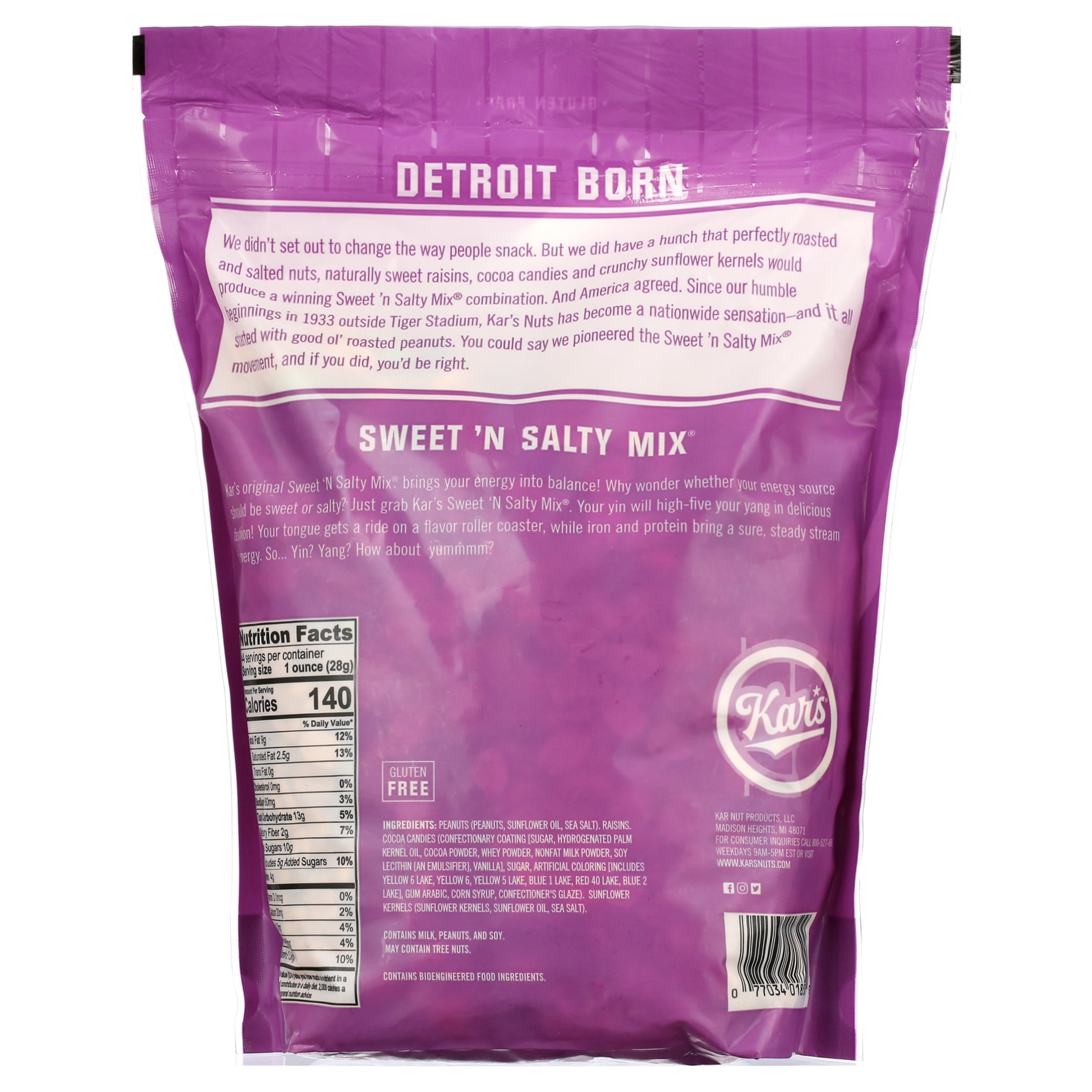 Kar's Sweet 'n Salty Mix, 44 oz - Peanuts, Raisins, Cocoa Candies & Sunflower Kernels, Gluten-Free, Contains Milk, Peanuts and Soy. May Contain Tree Nuts.
