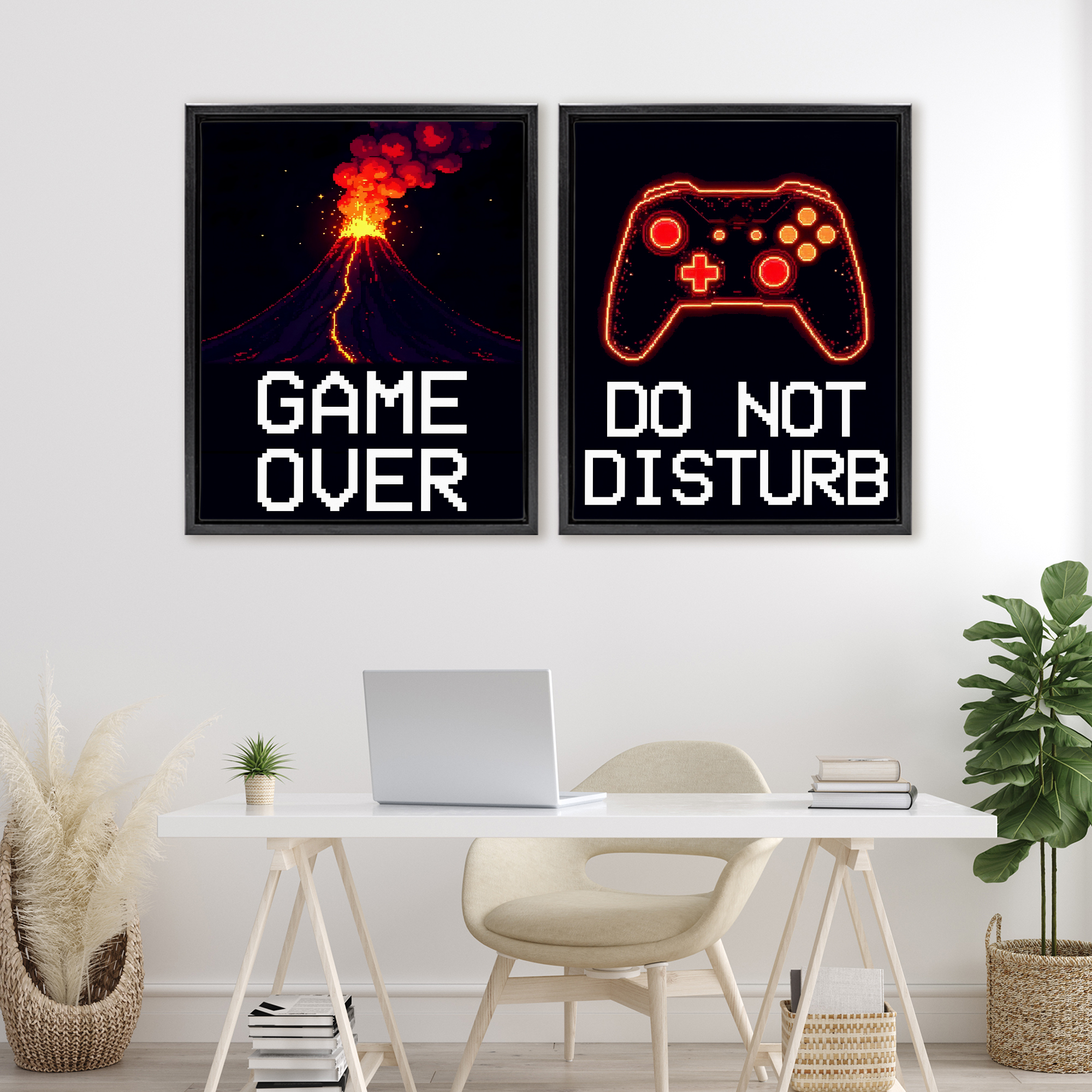 Pixel Game Sentiments 2 Piece Black Framed Floater Canvas Set, design by Kim Allen