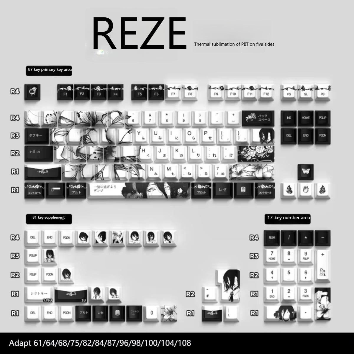 Reze Chainsaw Man Dye-Sublimation PBT Keycaps - Stylish, Compatible with Mad Catz MAD68/Wooting, Fits 74/135 Keys (Original & Side-Engraved 74/129)