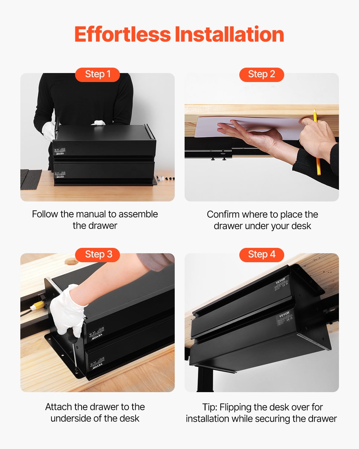 VEVOR 16" Wide Under Desk Drawer Slide Out, Under Desk Mount Pull Out Drawer Attachment, Hidden Desktop 2-Tier Storage Organizer, Under Desk Pencil Drawer for Home Sit-Stand Workstation, 18x9x8 In
