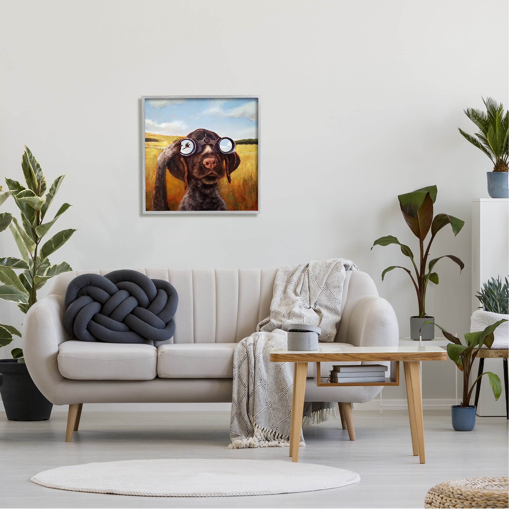 Stupell Industries Dog Watching Bird Binoculars Animals & Insects Painting Gray Framed Art Print Wall Art, 24 x 24