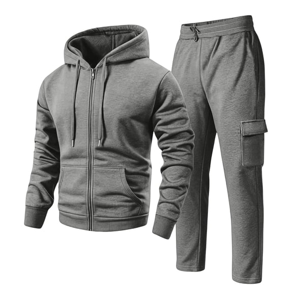 Fleece Sweat Suit Mens 2 Piece Pullover Set Full Zip Hoodie Straight Leg Cargo Sweatpants Set Gray S