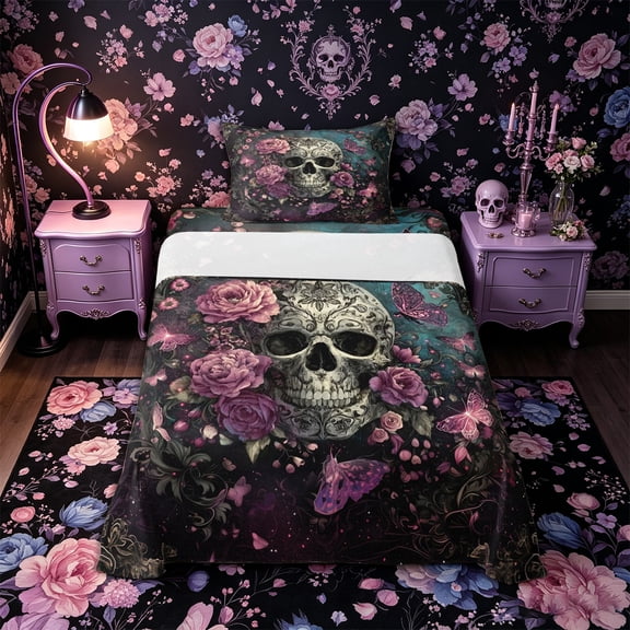 Castle Fairy Goth Damask Skull Twin Sheets 3pcs,Floral Peony Butterfly Stars Print Bedding,Teal Black,1 Fitted Sheet,1 Flat Sheet and 1 Pillowcase