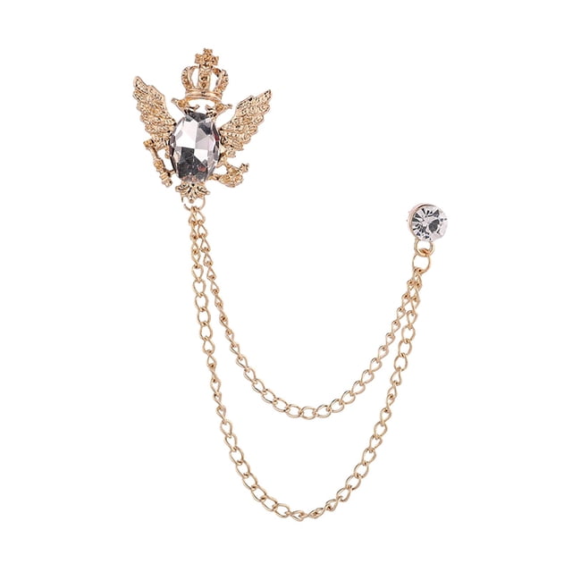 Broche de traje con cadena, prendedor de solapa, broche de águila de aleación, broche de solapa para hombre Oro y blanco