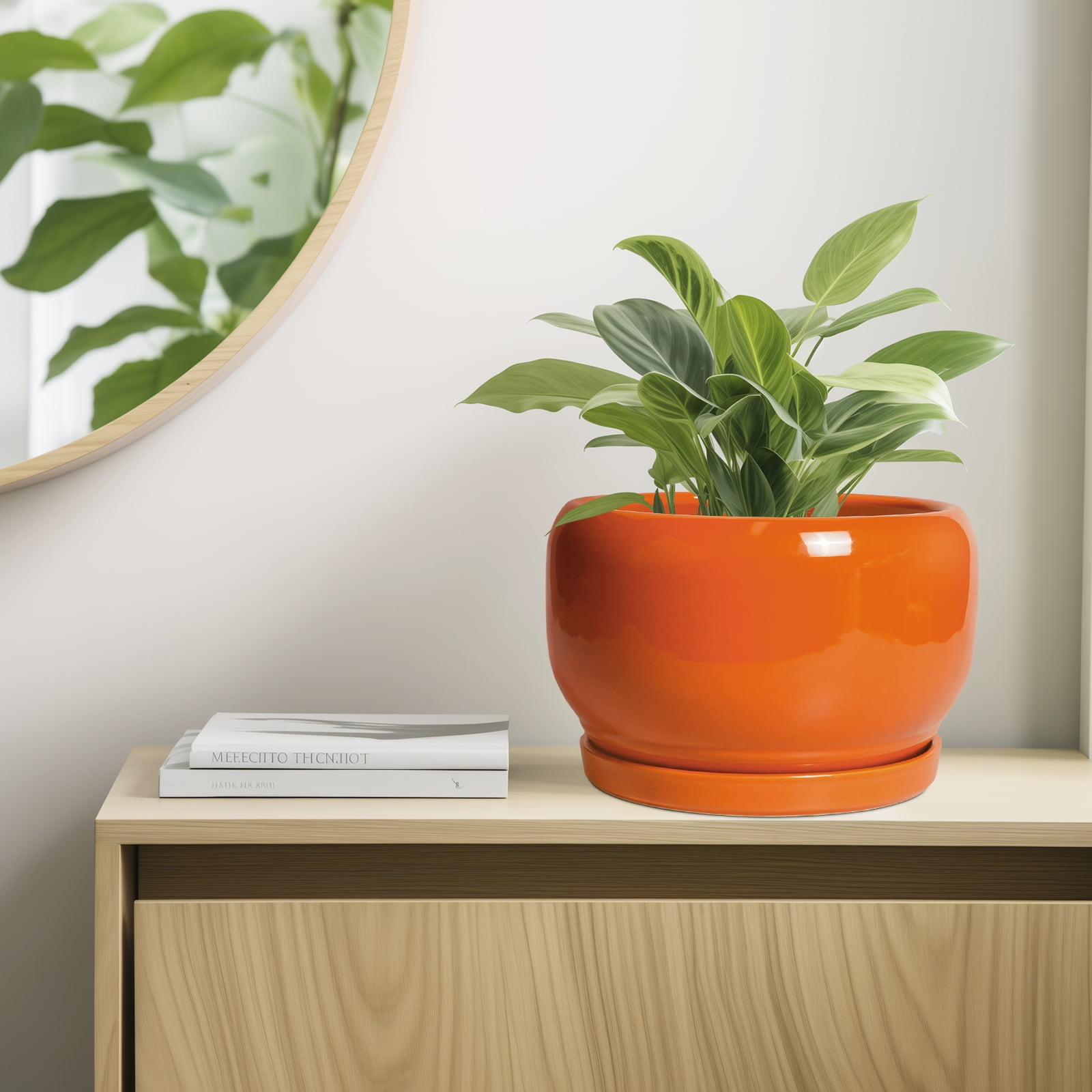 10 inch Flower Pots, Large Round Ceramic Planter with Saucer & Drainage, Modern Pot for Indoor Plants & Flowers, for Cheerful Home Decor, Glossy Orange
